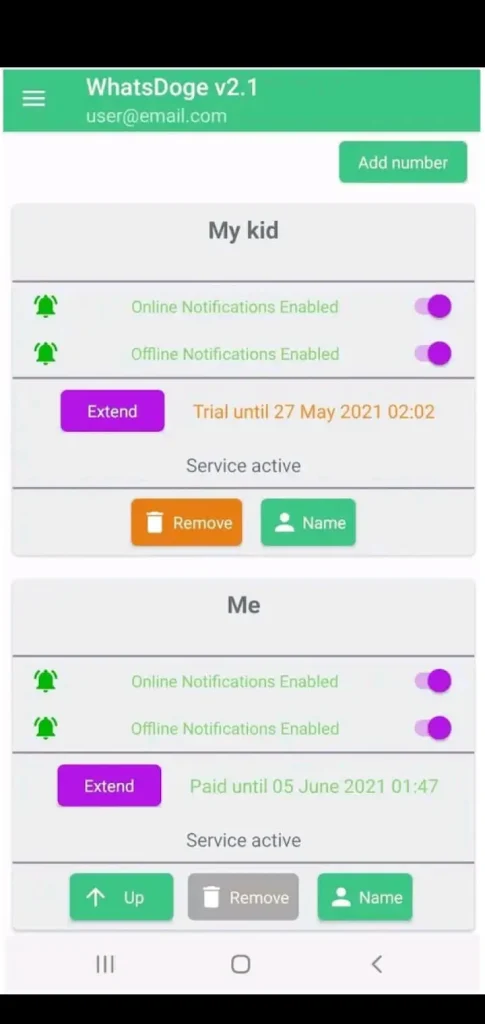 Add a number and name and enable online and offline notifications